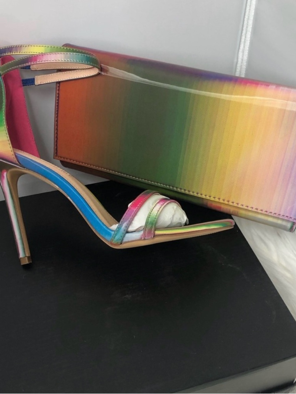 Women's Rainbow Gradient Strappy High Heel Sandals with Matching Clutch